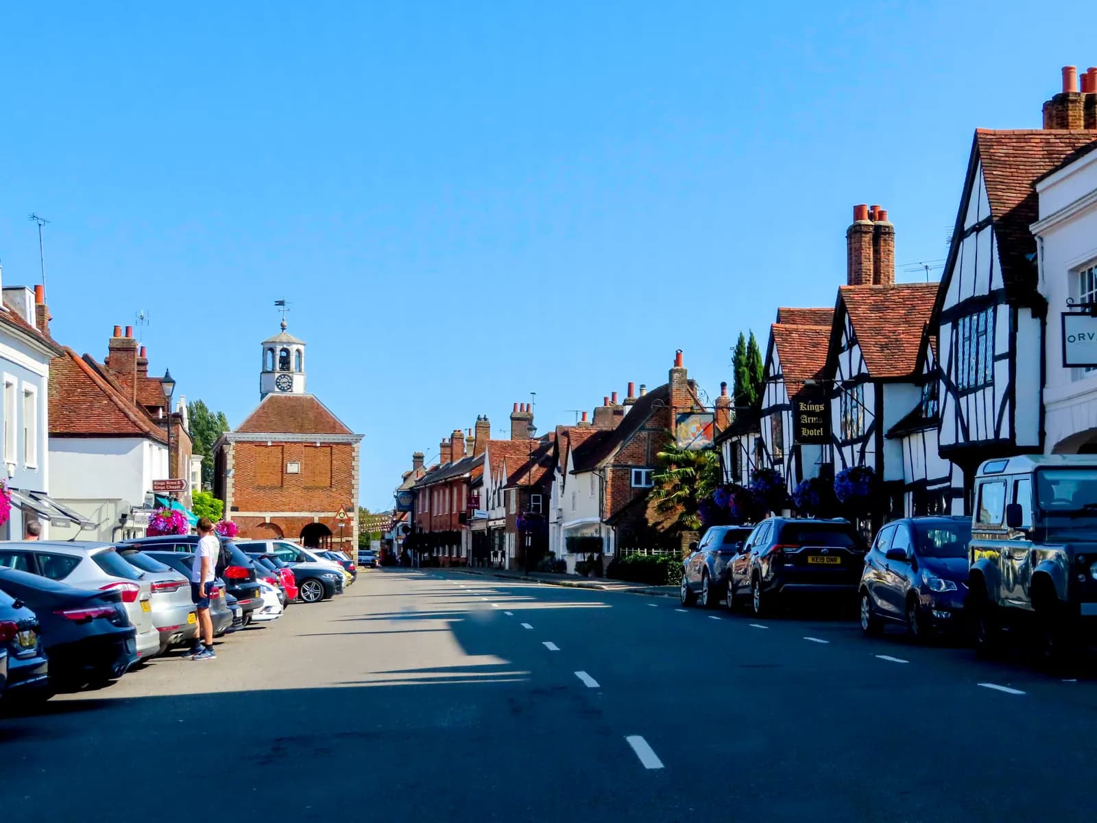 Old Amersham high street, with the Market Hall clock tower and the timber-framed Kings Arms Hotel
