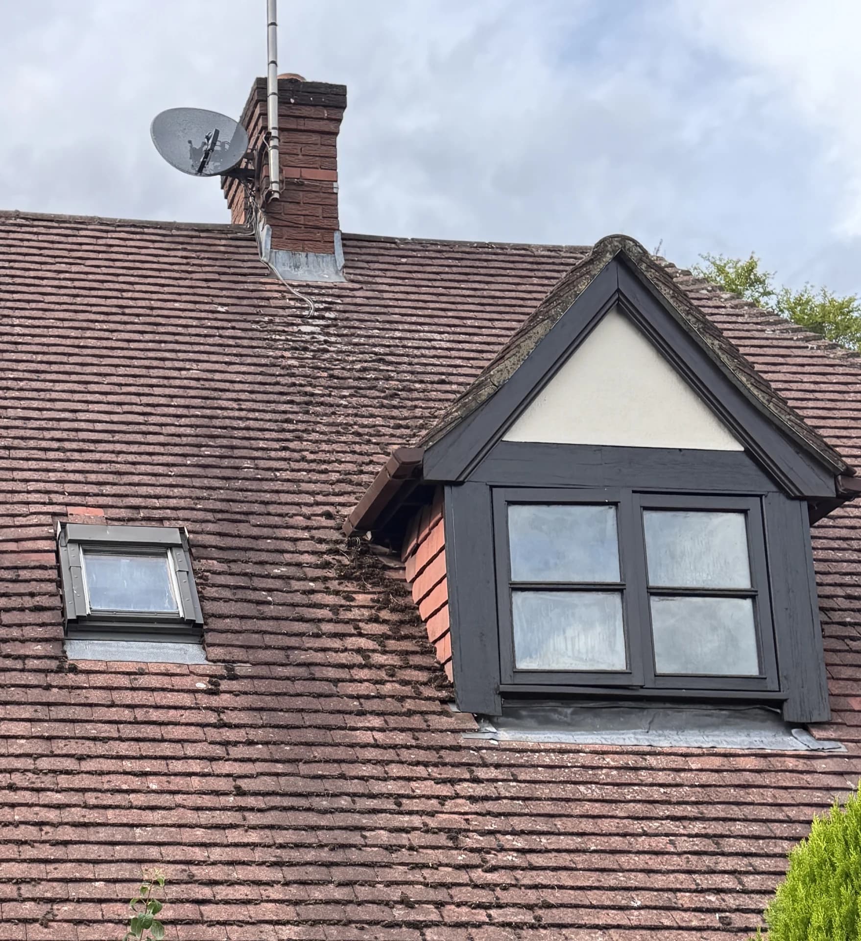 Moss-streaked roof slope with dormer and rooflight.