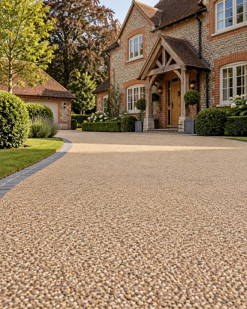 Newly installed resin-bound driveway in front of a brick and flint house