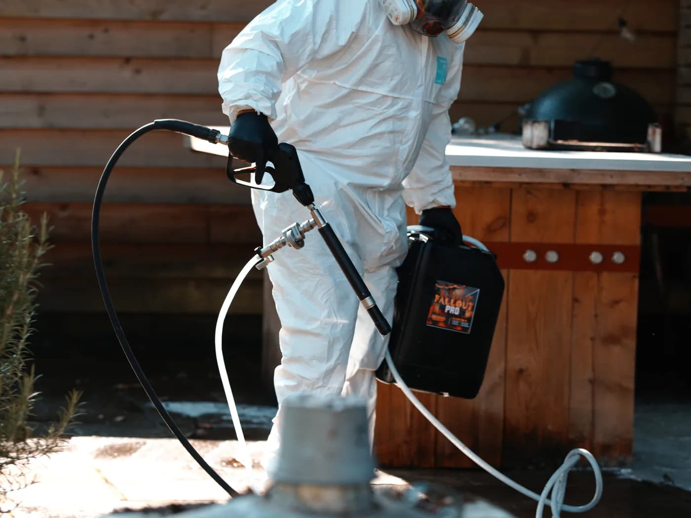 A Chiltern Surface Co technician in full protective coveralls, gloves and a full-face respirator applying professional surface-cleaning treatment through a spray lance fed from a hand-held container