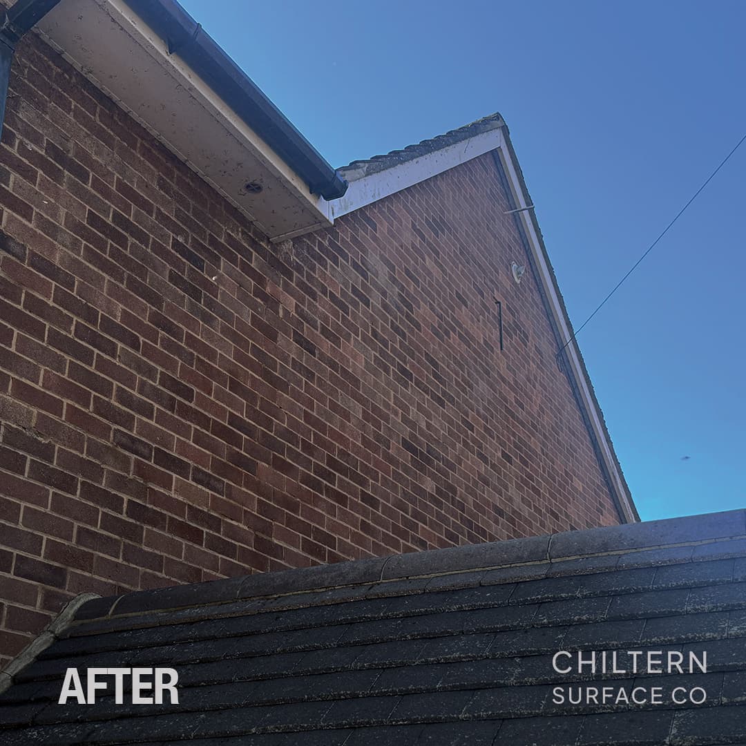 Brick gable and white roofline after a professional soft wash treatment