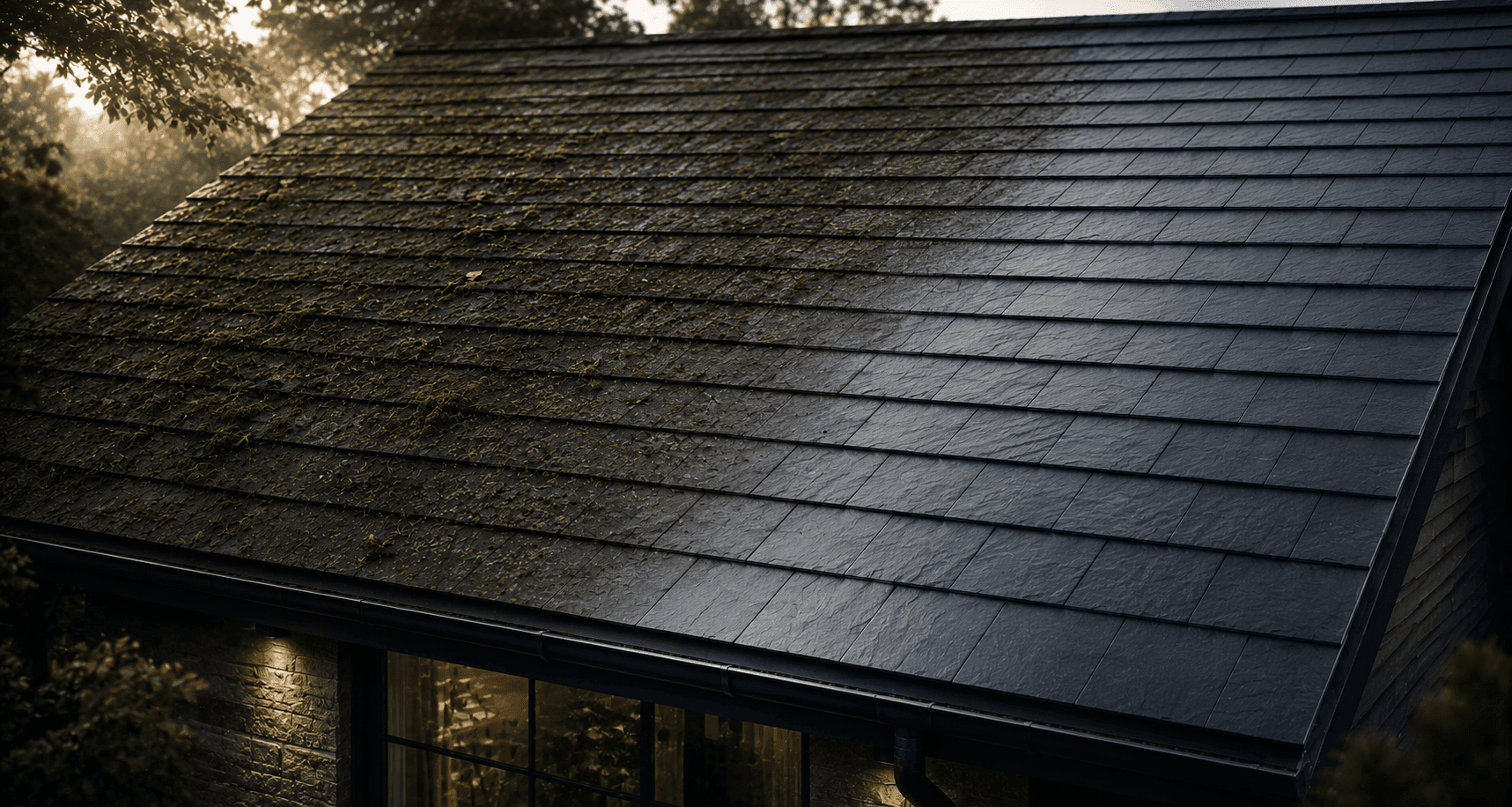 Roof tiles covered in moss, algae and lichen before professional cleaning