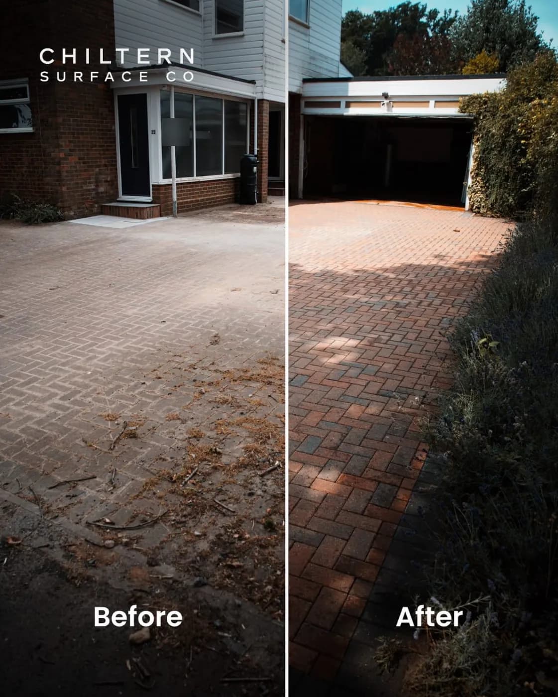 Before and after of a herringbone block-paved drive: faded grey blocks strewn with debris, then clean red blocks