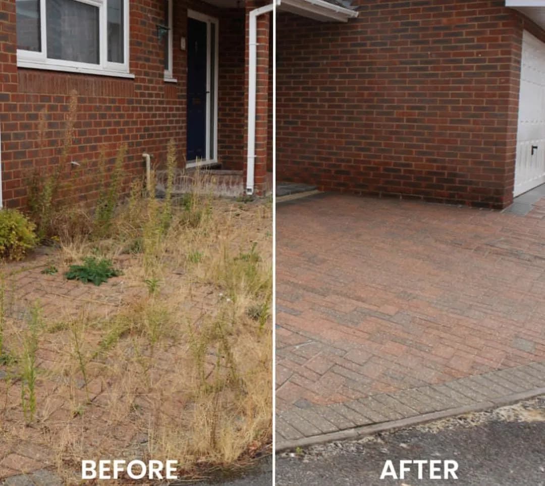 Before and after of a block-paved drive by a brick house: choked with weeds and dry grass, then cleared and clean
