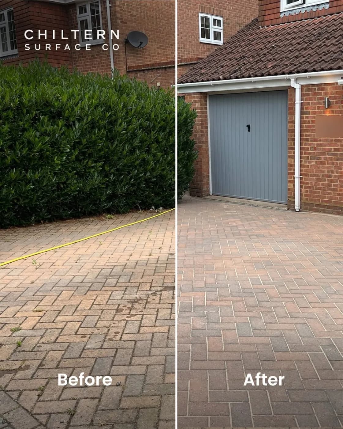 Before and after of herringbone block paving by a garage: weeds and staining on one side, clean, even joints on the other
