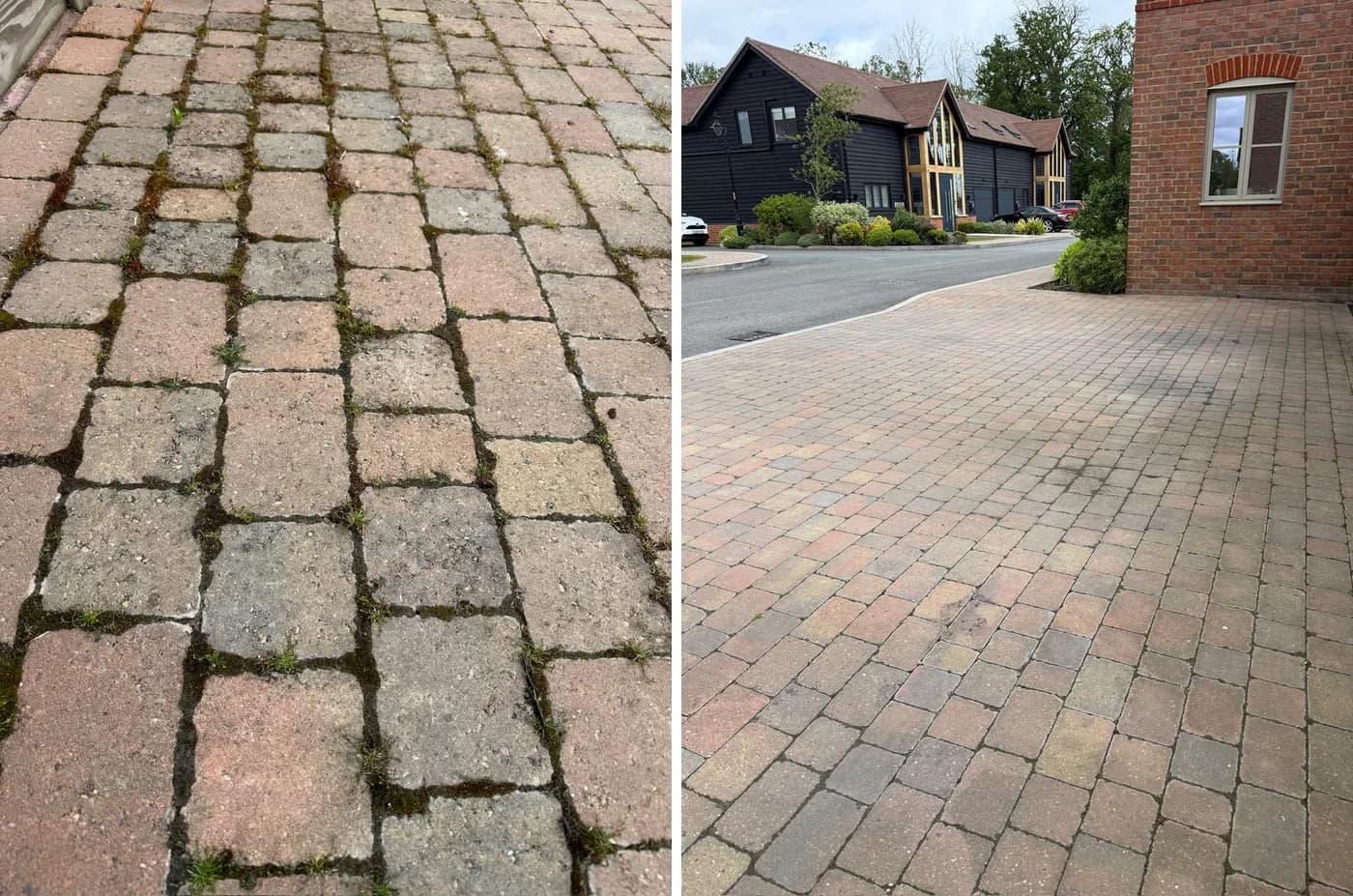 Two views of tumbled block paving: a close-up of moss and weeds in the joints, and the wider paved area beside a brick house