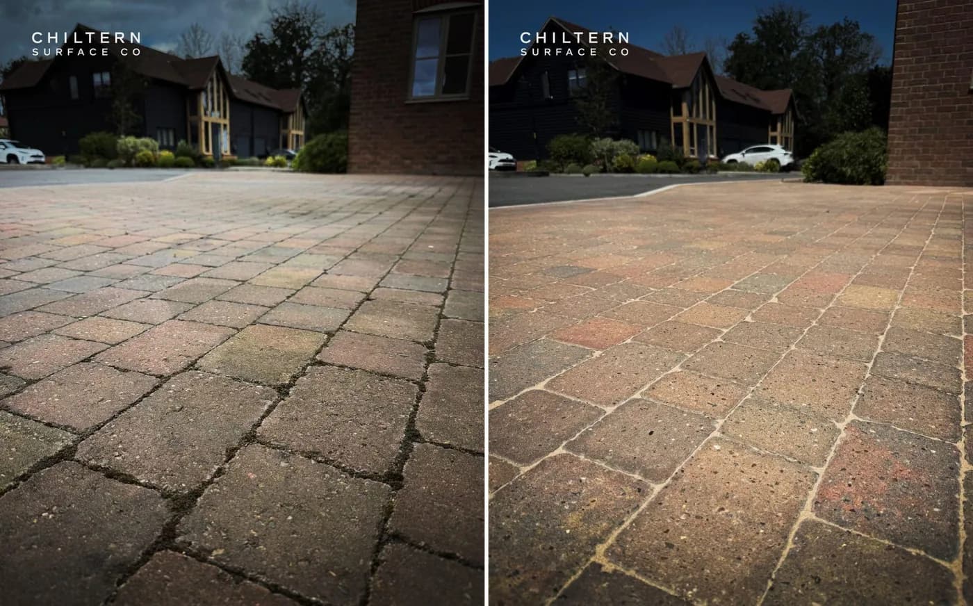 Before and after of block paving: dark, moss-lined joints on the left, cleaned blocks with fresh sand joints on the right
