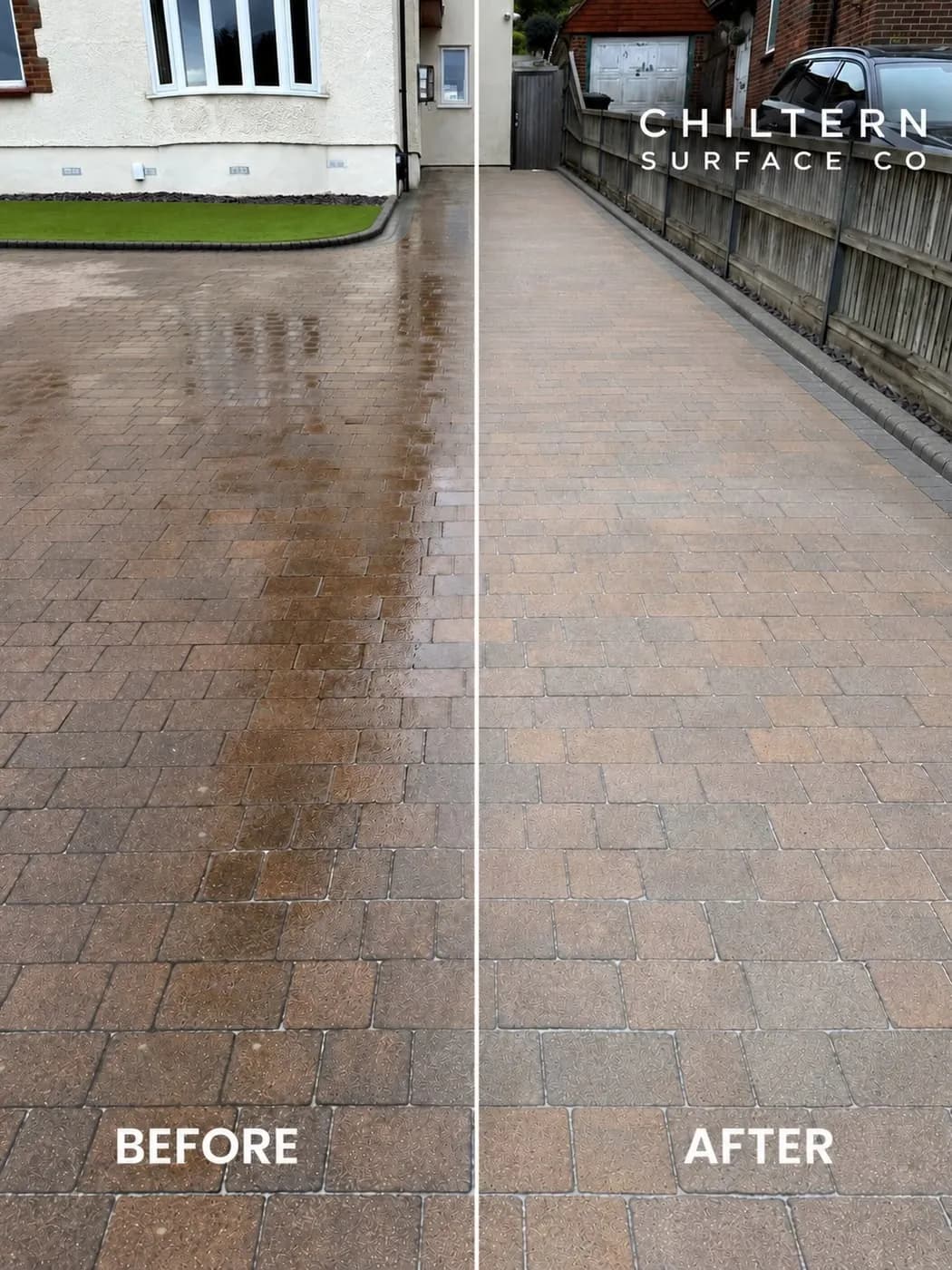 Before and after of a block-paved drive beside a fence: dark, wet and streaked on the left, even and re-jointed on the right