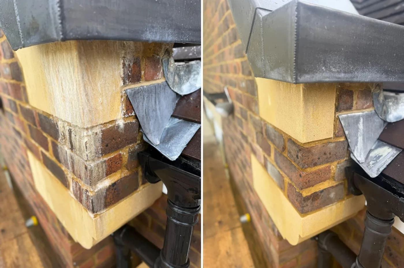 Before and after of a buff stone block and brick corner under lead flashing, grey staining cleared from the stone