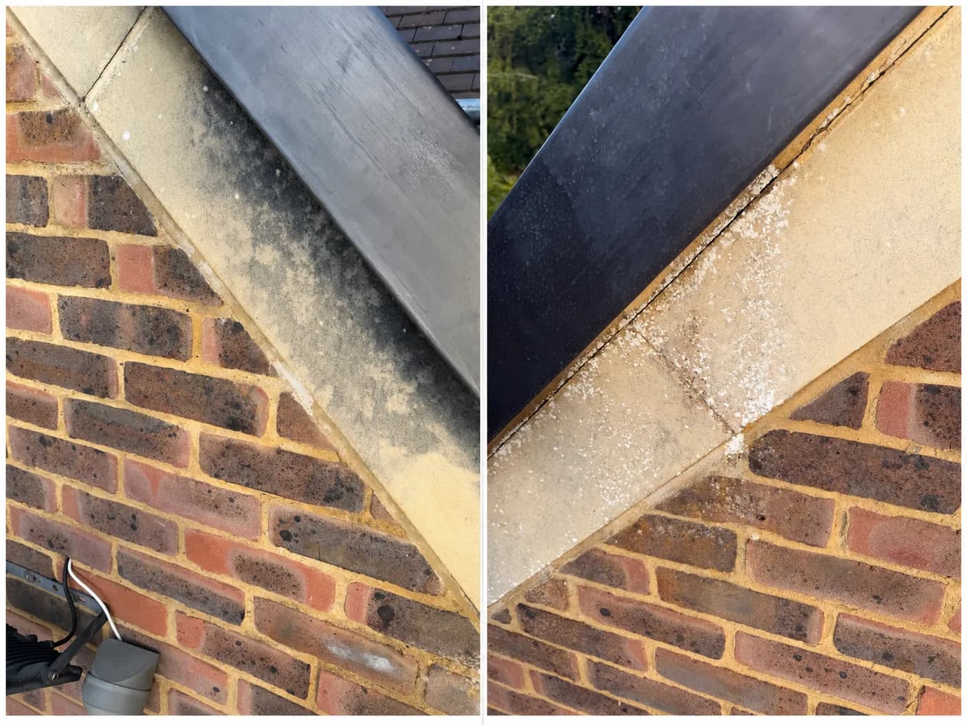 Before and after of a pale stone verge on a brick gable, black growth on the left and a much cleaner stone face on the right