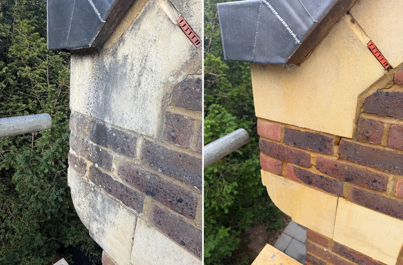 Before and after of a stone gable kneeler and brick corner below lead, black growth removed, a scaffold tube in view