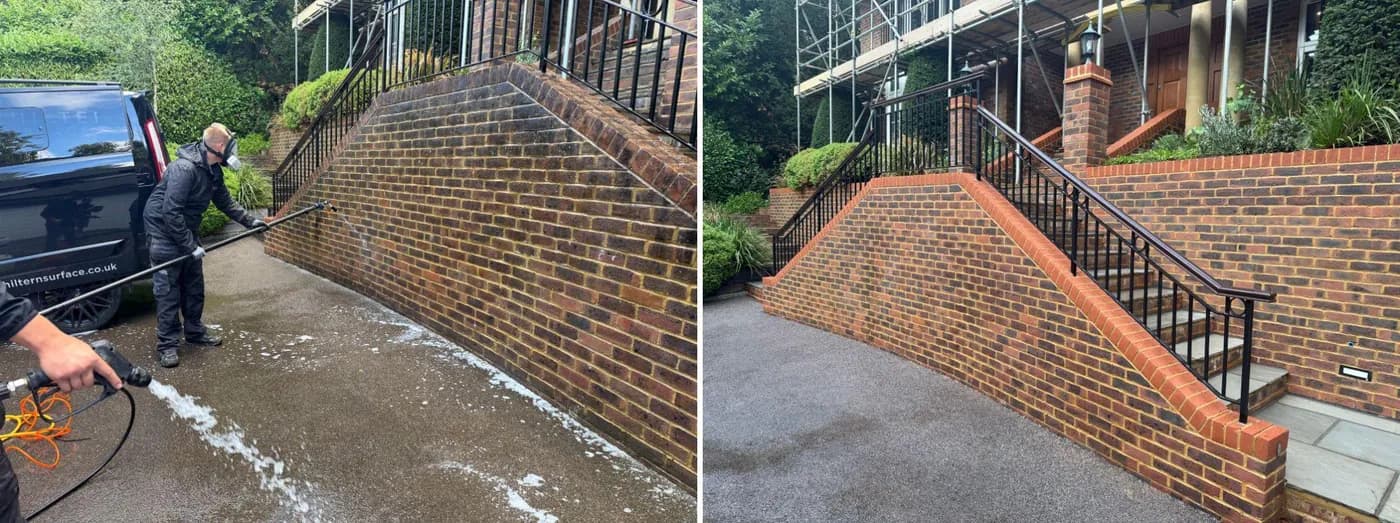 Technician applying a cleaning solution to a dark brick stair wall, then the same wall with bright, even brick and railings