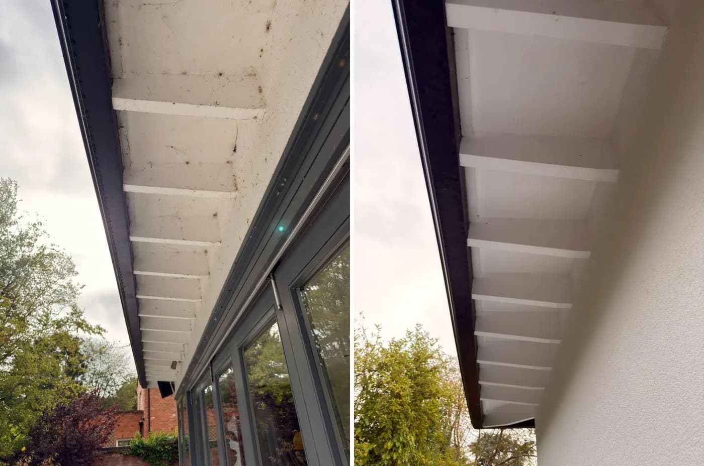 Before and after of white painted soffits and rafter ends under a dark fascia, spotted and stained, then clean