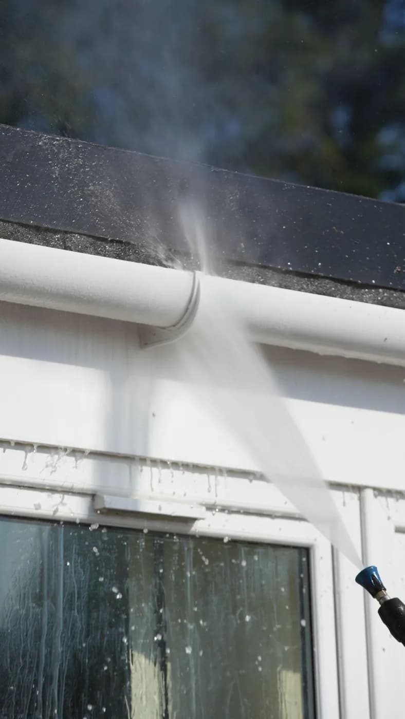 Water spraying from a lance nozzle across a white uPVC gutter and fascia, rinsing grime from the roofline above a window