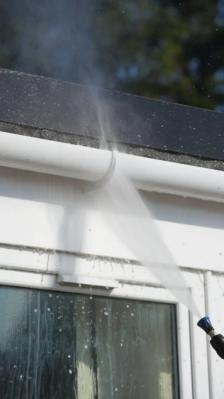 Spray of water washing the outer face of a white gutter and fascia above a uPVC window