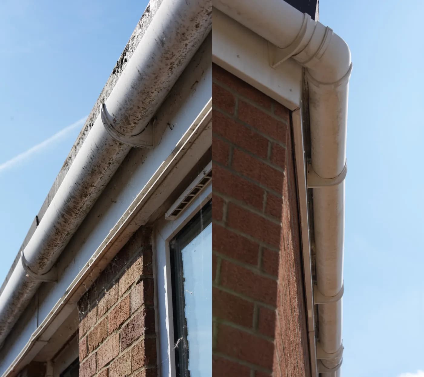 Side-by-side views of white half-round gutters on brick houses, one heavily streaked with green and black growth