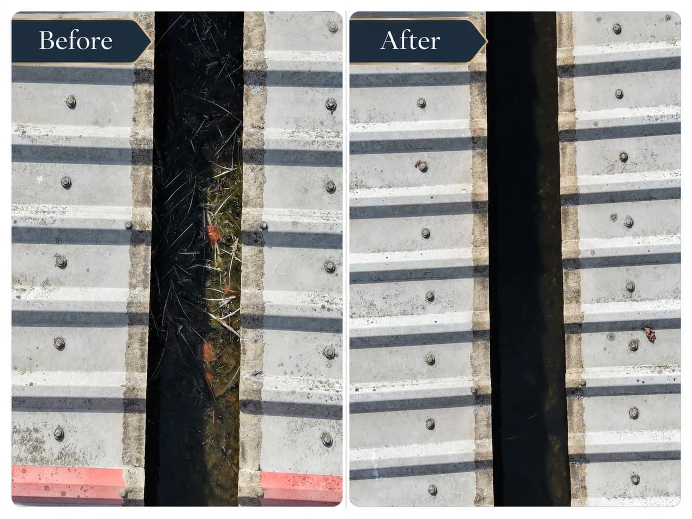 Before and after views from above of a box gutter between metal roof sheets, first full of debris, then cleared