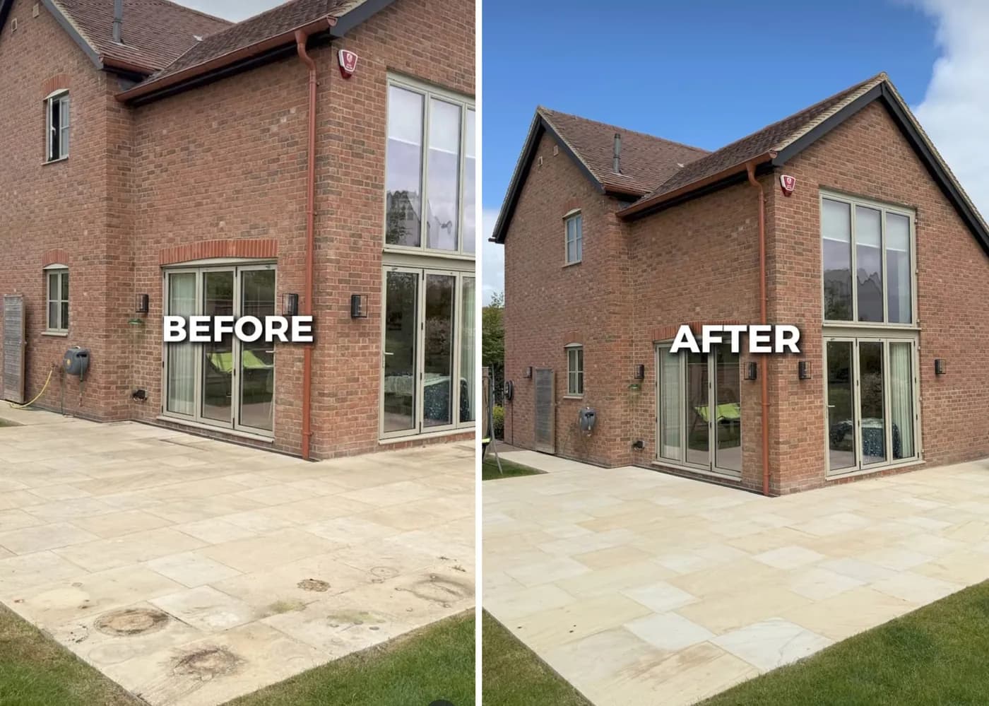 Before and after of a red-brick house with a sandstone patio, the paving's dark stains and black spot gone afterwards