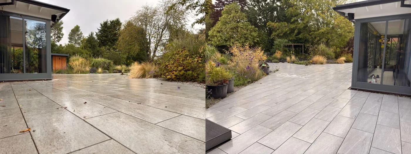 Grey porcelain patio beside a garden room shown before and after cleaning, with ornamental grasses and trees around it