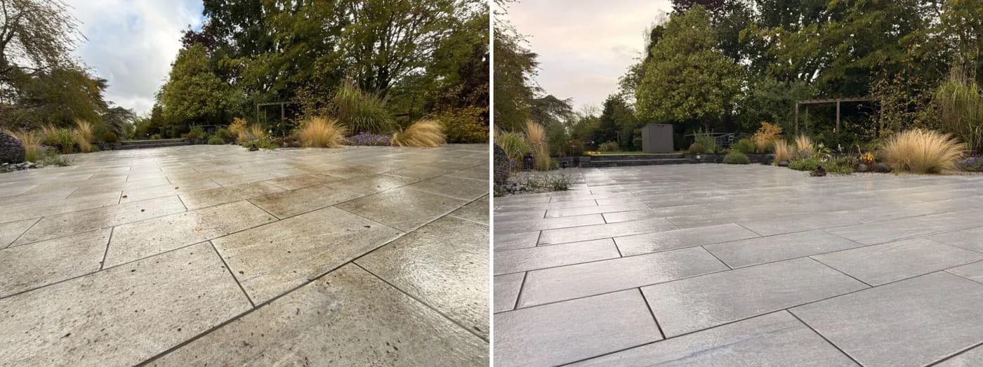 Before and after of a large porcelain patio in a planted garden, stained and uneven on the left, clean and grey on the right