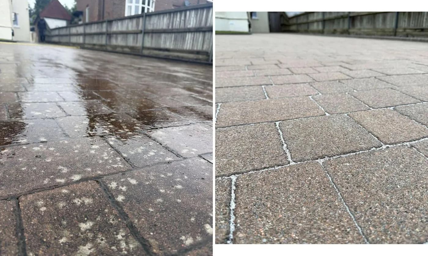 Before and after of block paving beside a fence: wet blocks speckled with pale lichen marks, then clean with sanded joints