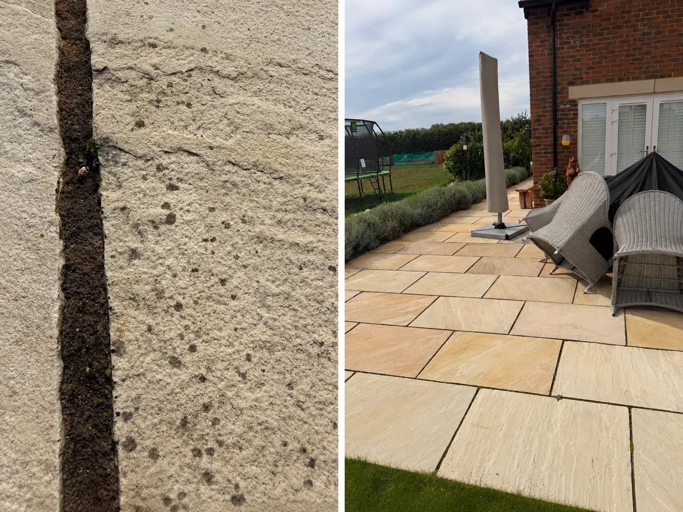 Sandstone paving flecked with black spot beside an open joint, and a cleaned sandstone patio behind a brick house