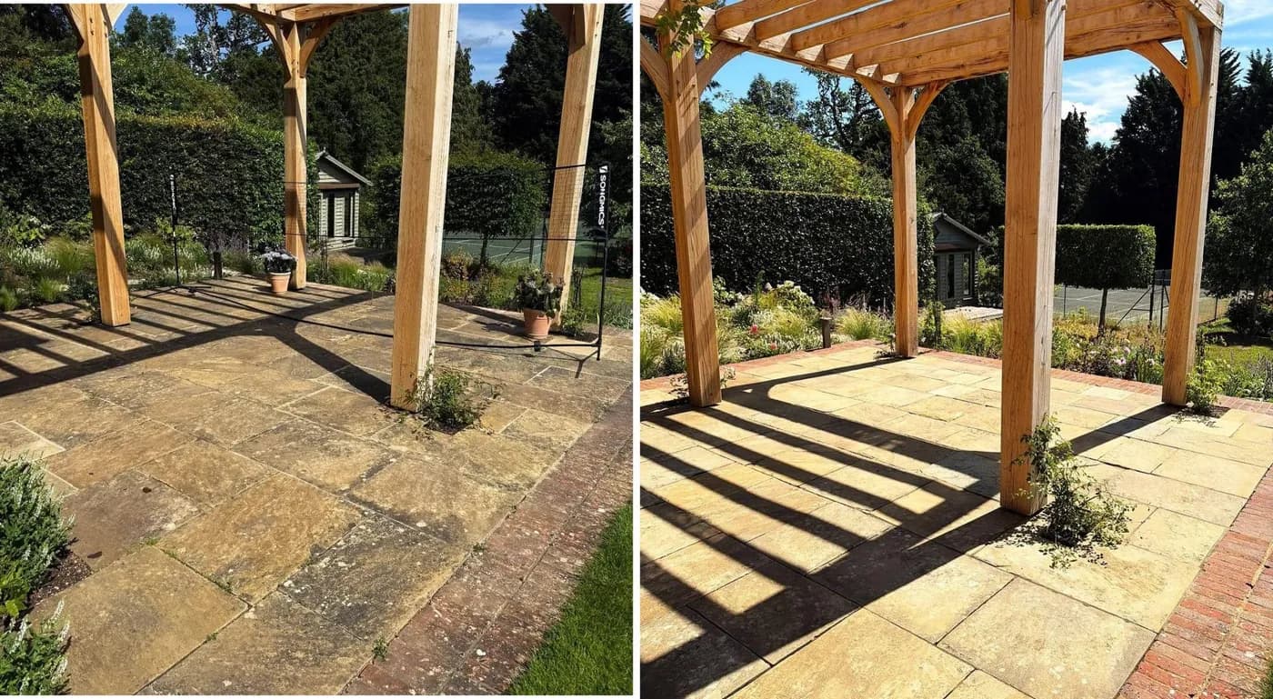 Sandstone terrace under an oak pergola, dark and stained before and bright after cleaning, with clipped hedges behind