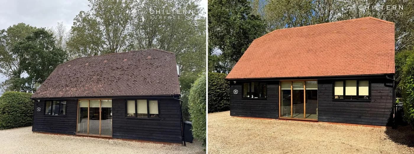 Before and after of a half-hipped clay tile roof on a black weatherboarded building, dark with moss, then clean orange