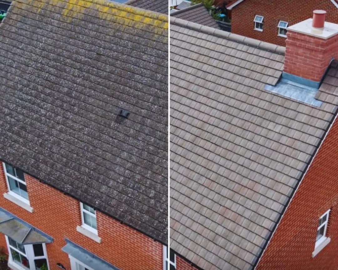 Drone before-and-after of a concrete tiled roof on a red-brick house, lichen-speckled before and clean after