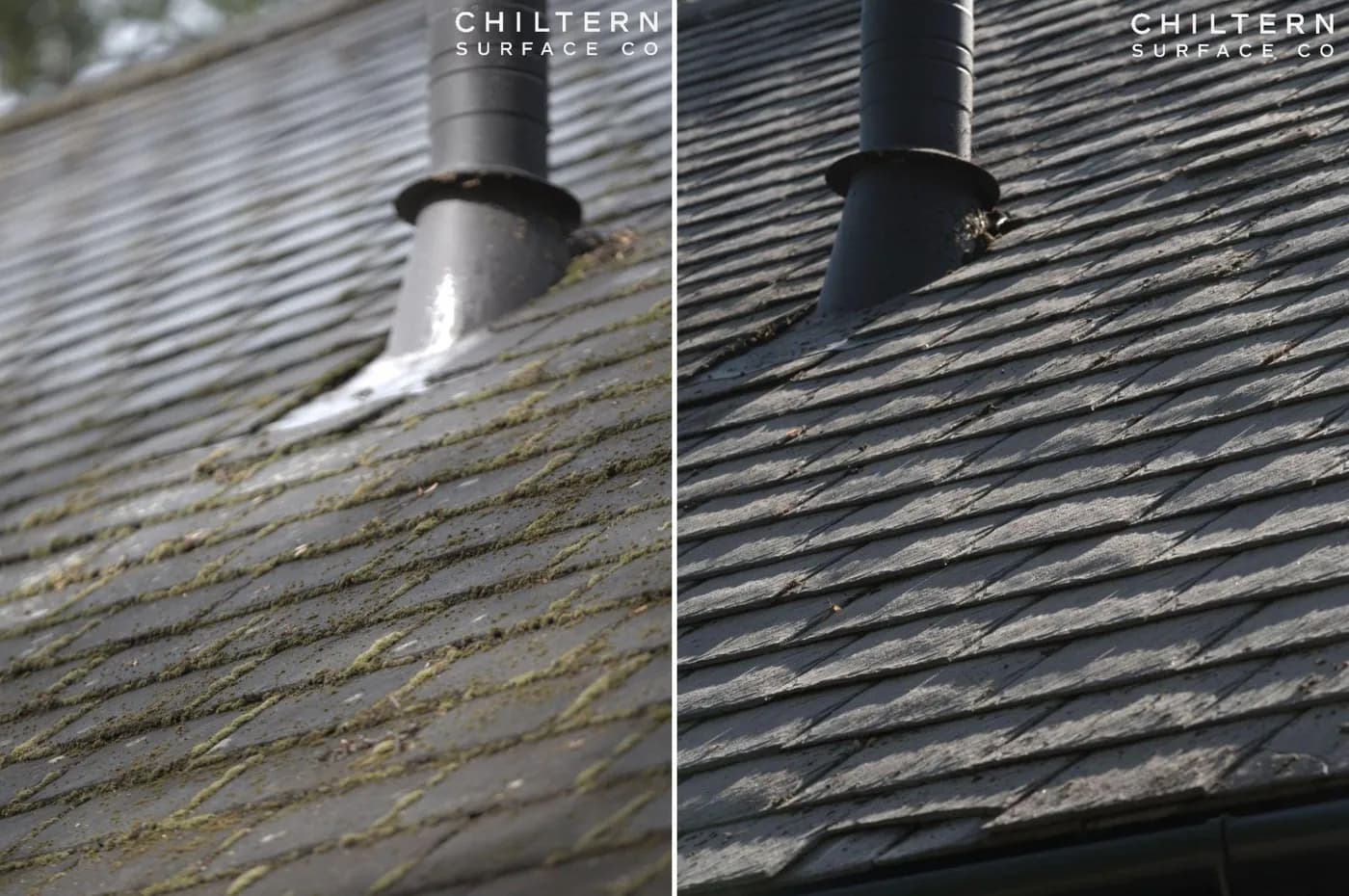 Before-and-after close-up of a slate roof around a black flue pipe, moss along the laps then cleared away