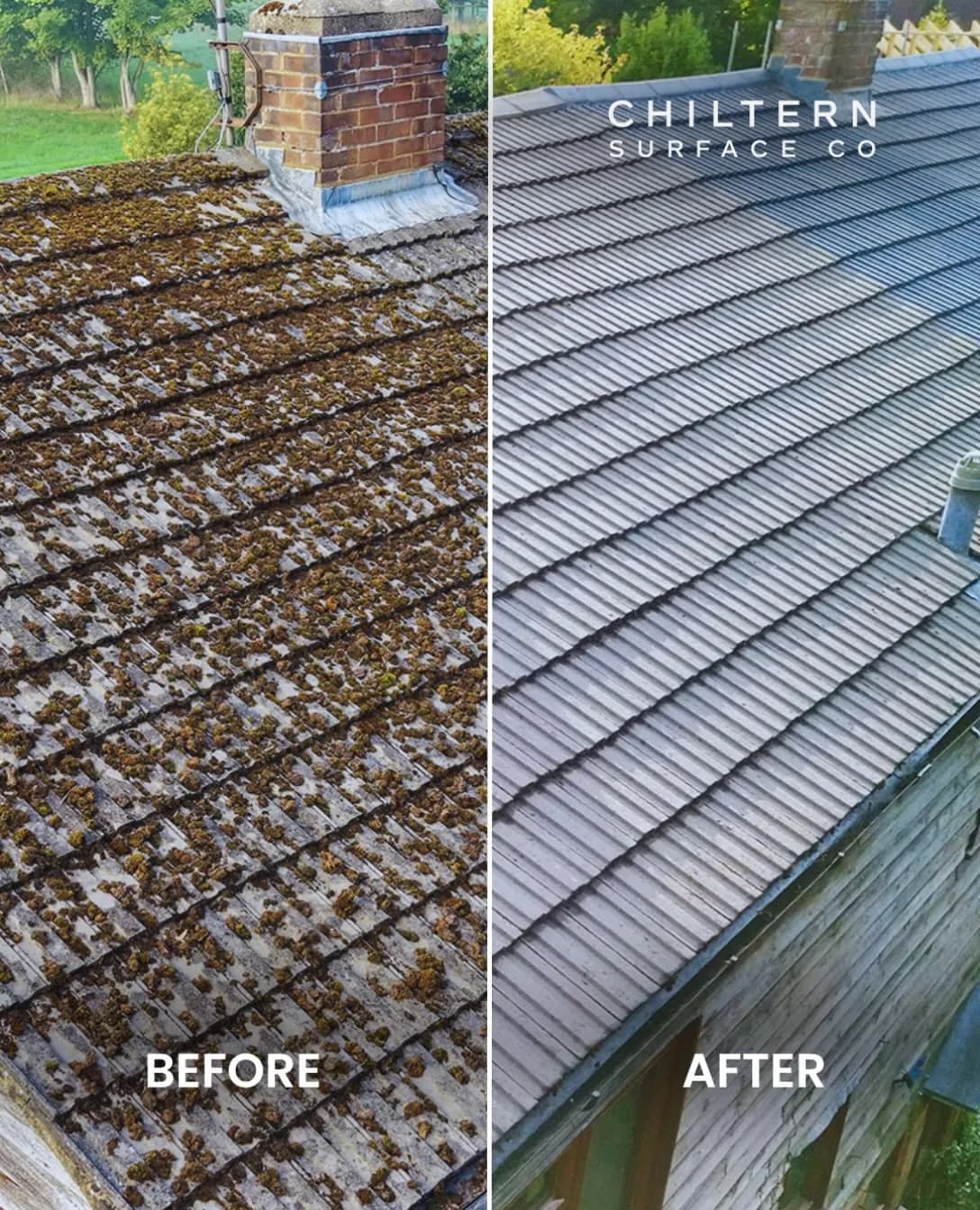 Before-and-after views of a concrete tiled roof by a brick chimney, thick moss cushions then clean tiles