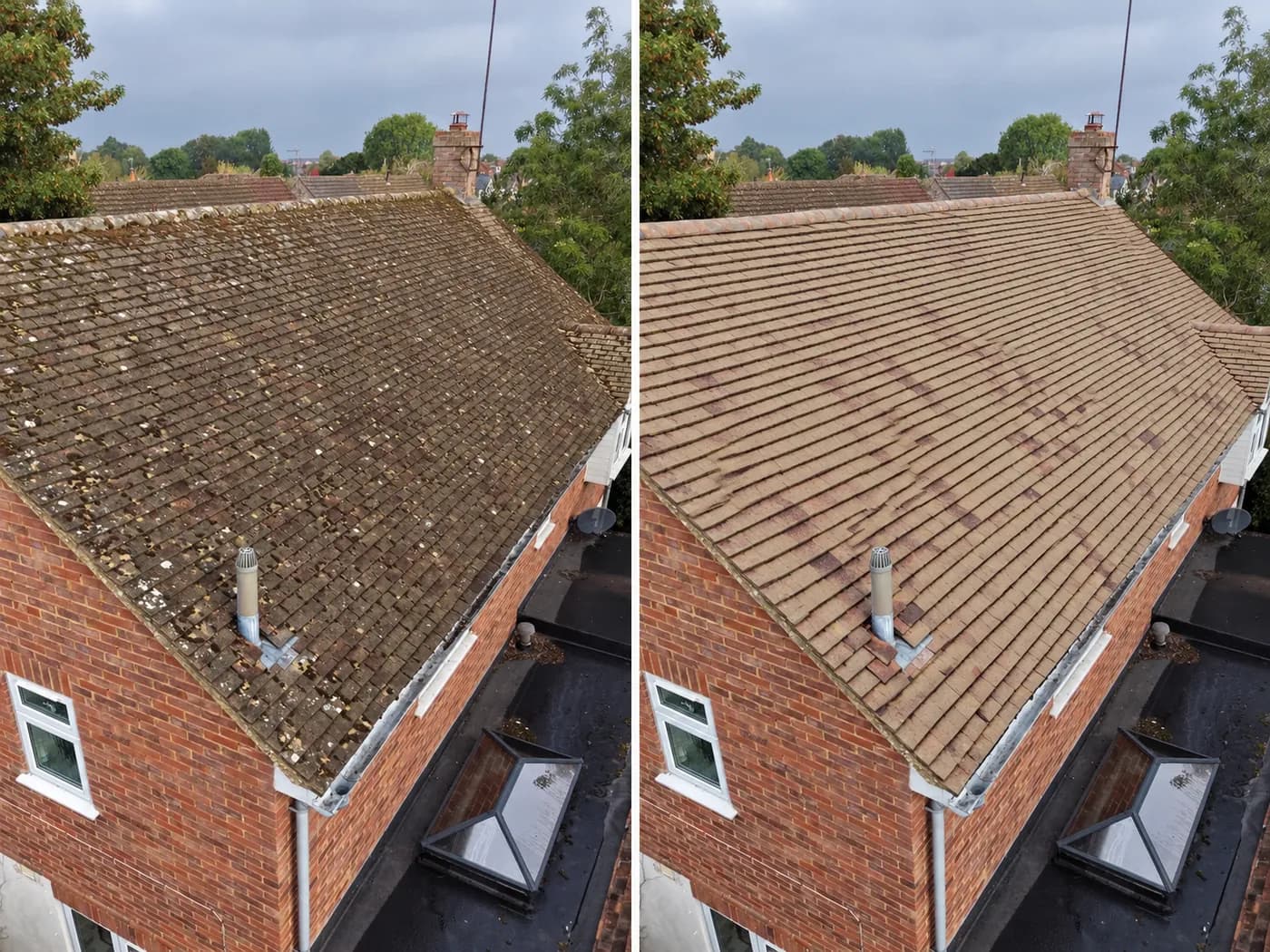 Side-by-side drone views of a tiled roof on a red-brick house, heavily mossed on the left and cleaned on the right