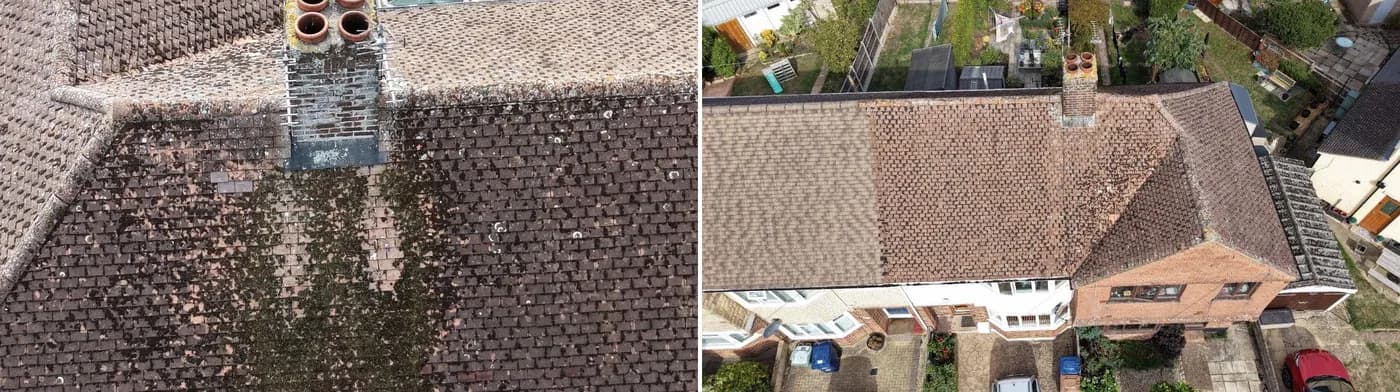 Drone views of a moss-covered tiled roof beside a chimney stack, and a semi-detached roof with one half cleaned