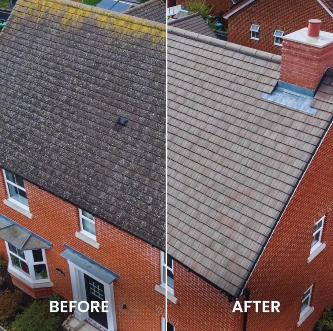 Drone before-and-after of a red-brick house roof, grey-green lichen on the left and clean plain tiles on the right