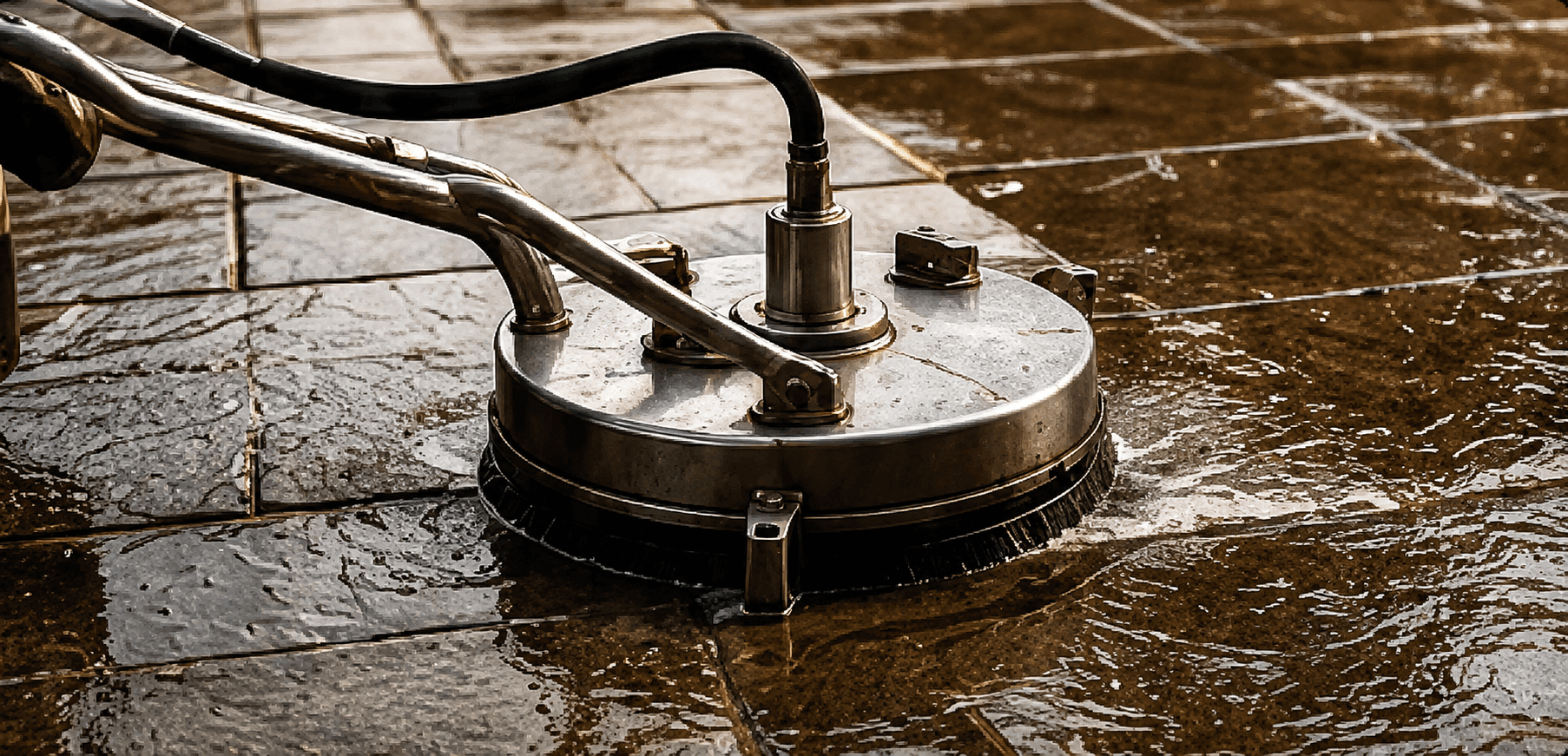 Rotary surface cleaner restoring a stone patio at the correct pressure for the material