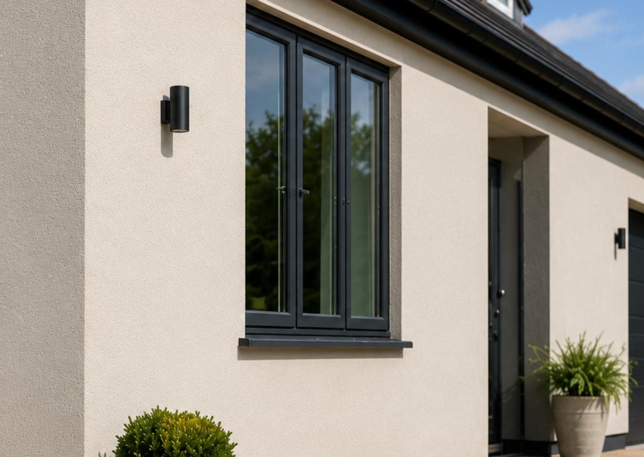 Clean rendered exterior wall with dark windows on a premium Chilterns home