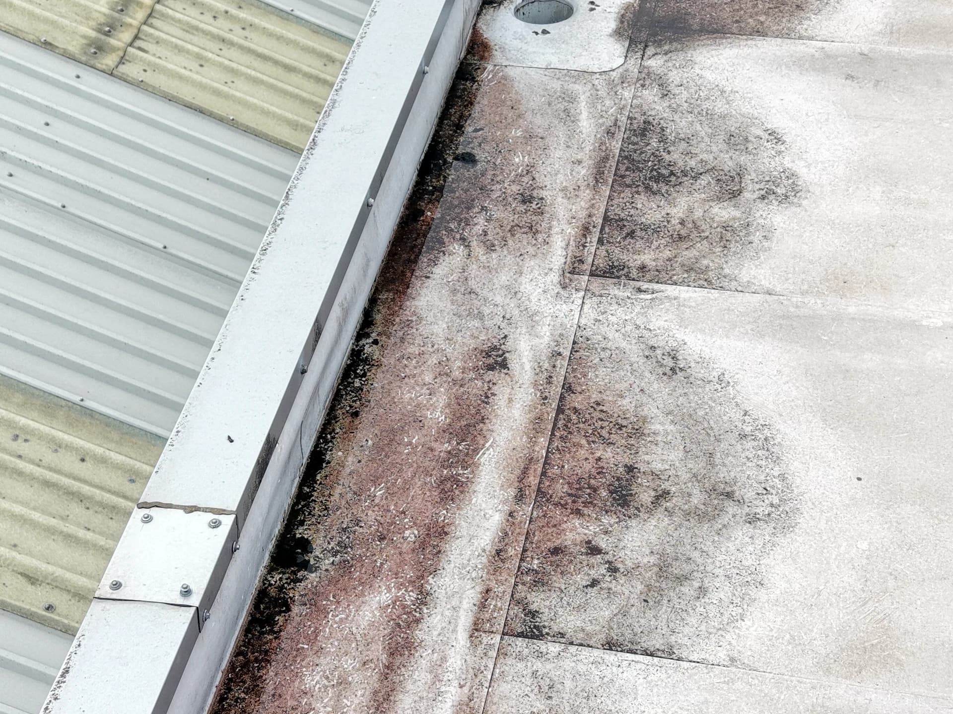 Parapet/box-gutter with stained membrane beside a profiled-metal roof.