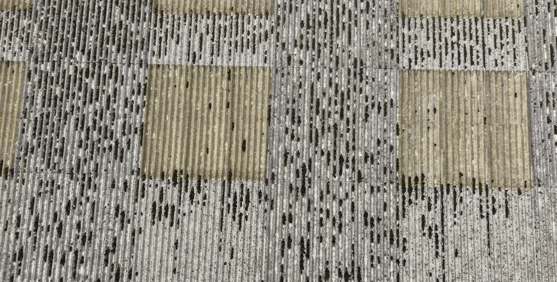 Square-on aerial view of mossed corrugated fibre-cement sheeting with lighter patch sheets