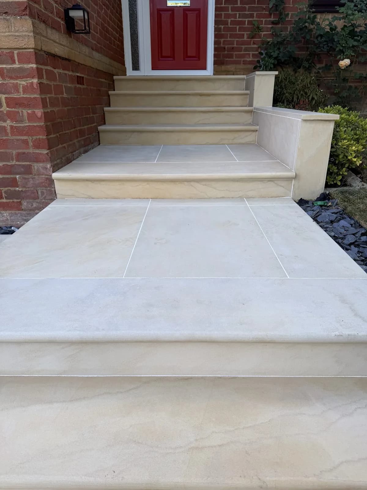 Cleaned Indian sandstone steps and entrance in High Wycombe after Chiltern Surface Co restoration