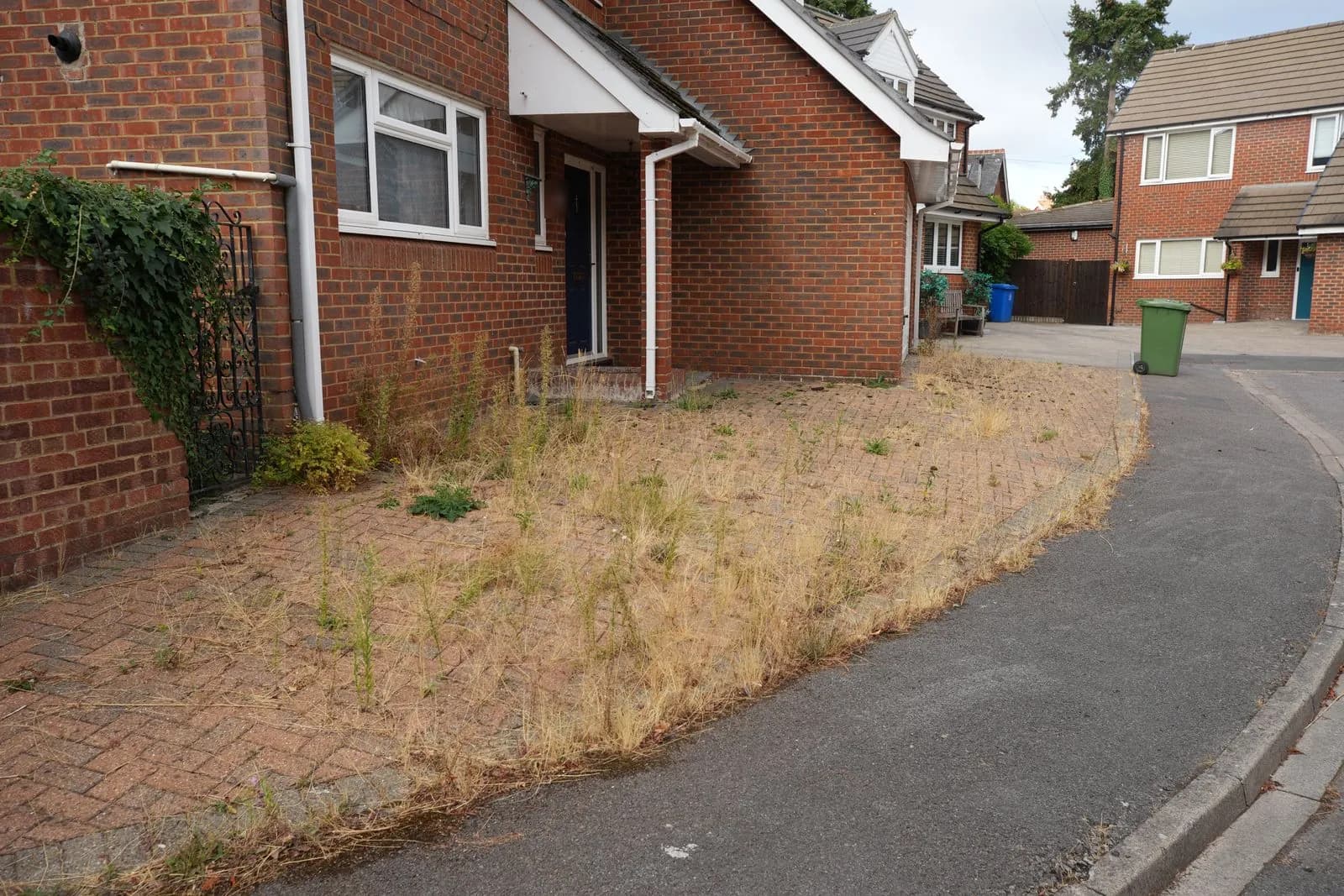 Block paved driveway in Maidenhead before cleaning, overgrown with grass and weeds