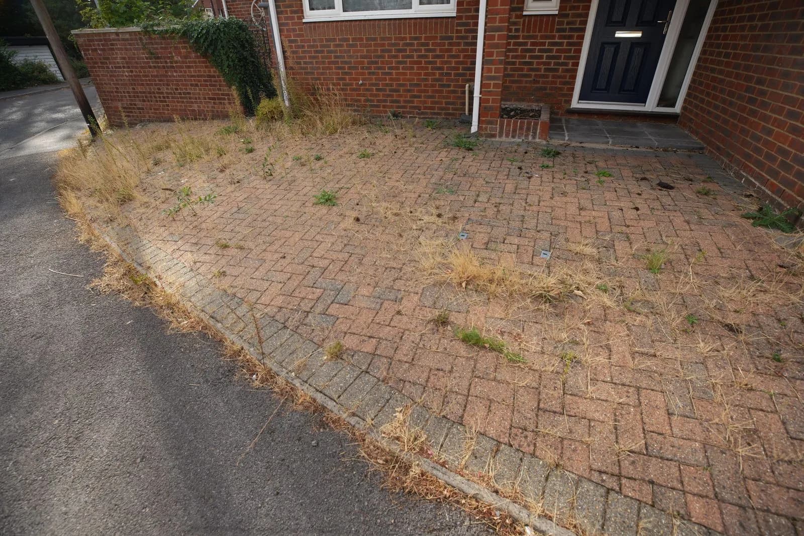 Block paved driveway before cleaning, with grass and weeds growing through the joints