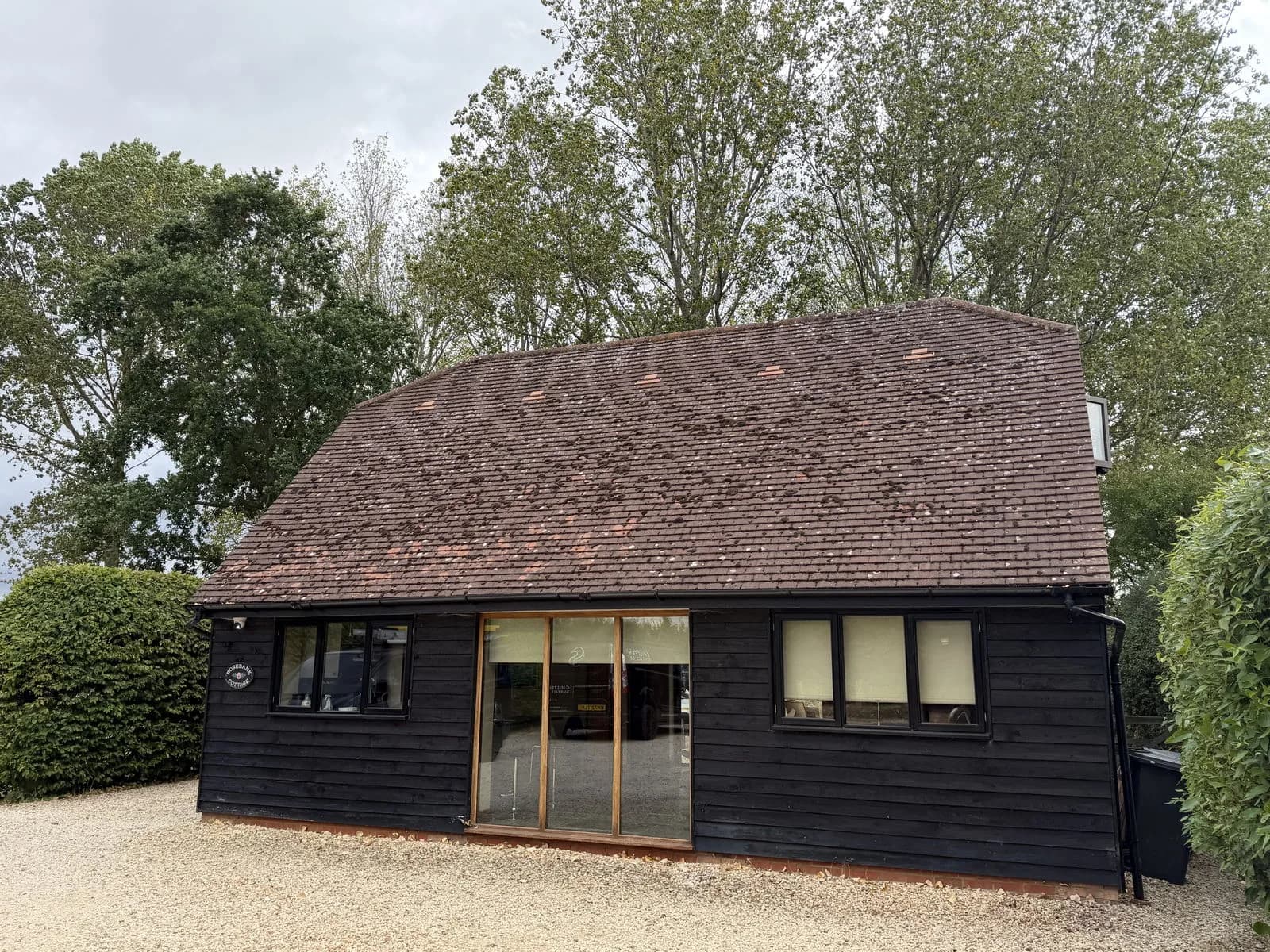 Clay tile roof of the annex in Aylesbury before cleaning, covered in more than thirty years of heavy moss