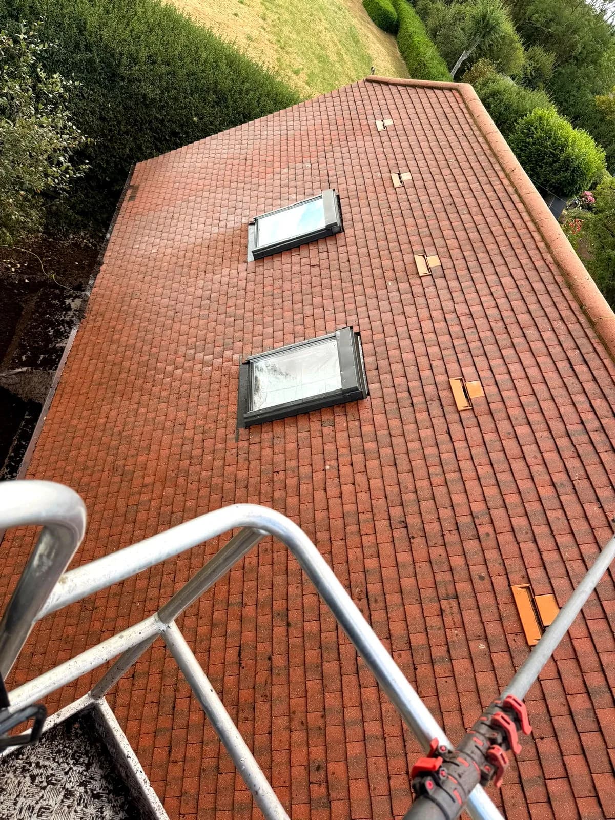 The same clay tiles and rooflights after moss removal and cleaning, back to warm terracotta