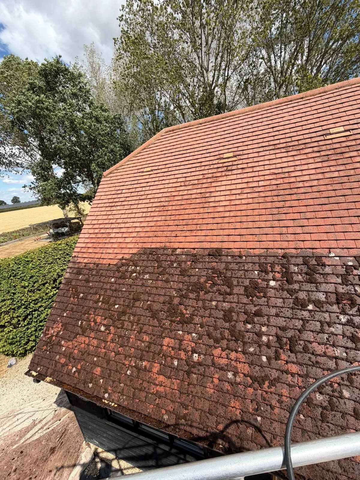 Clay tile roof part way through the controlled low-pressure clean, terracotta above and heavy moss below