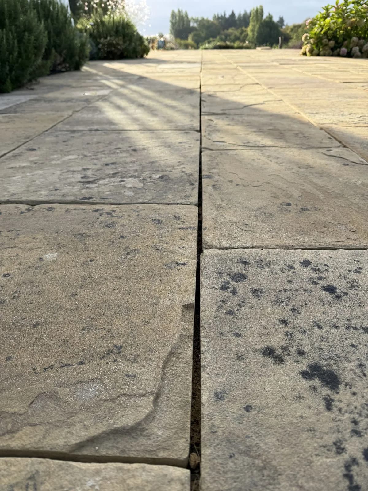 Close-up of failed, open jointing between the Indian sandstone slabs before repointing