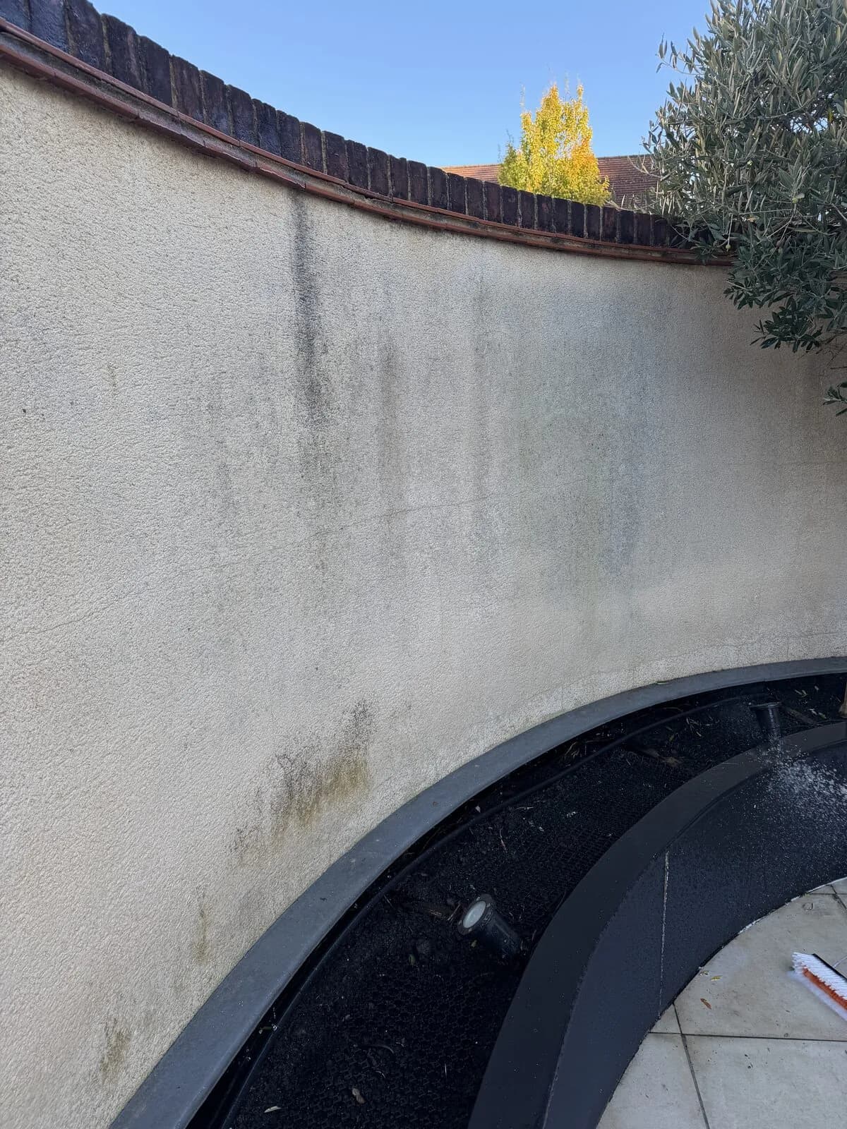Algae streaking down the rendered garden wall in Bicester before soft washing
