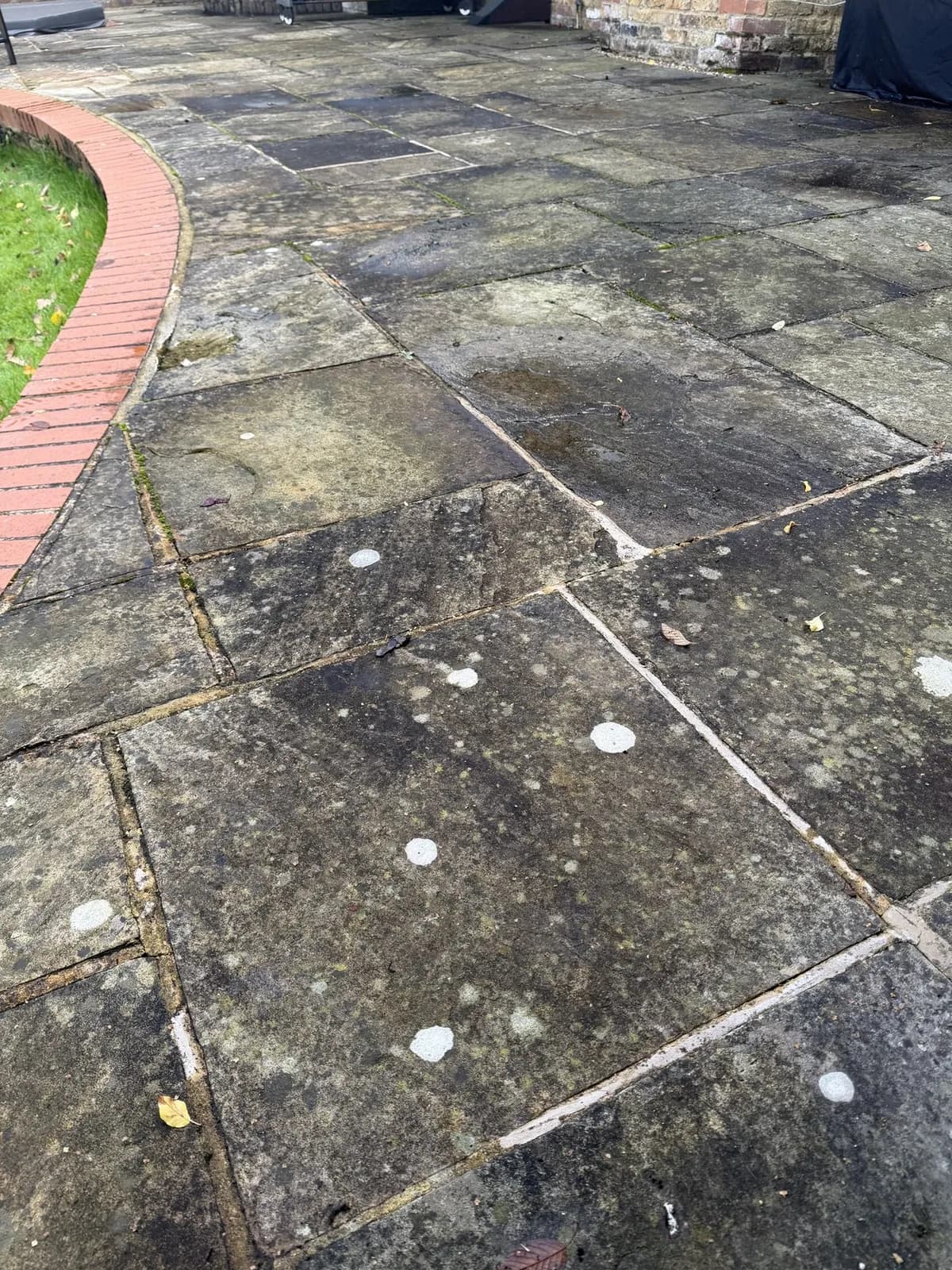 Dark sandstone slabs spotted with lichen and algae across the patio, before the works