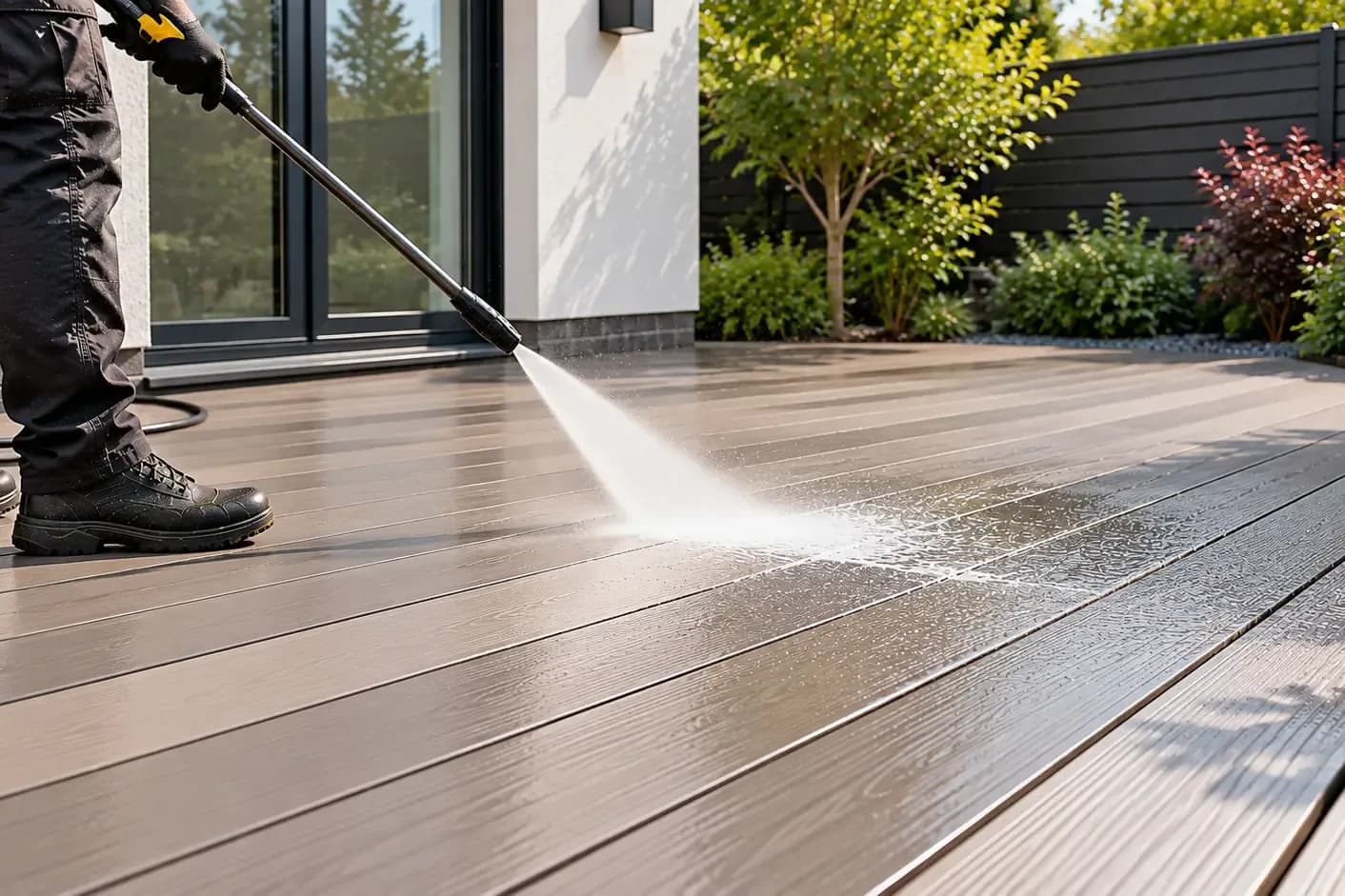Pressure washer lance spraying a fan of water across grey-brown composite decking outside glazed doors