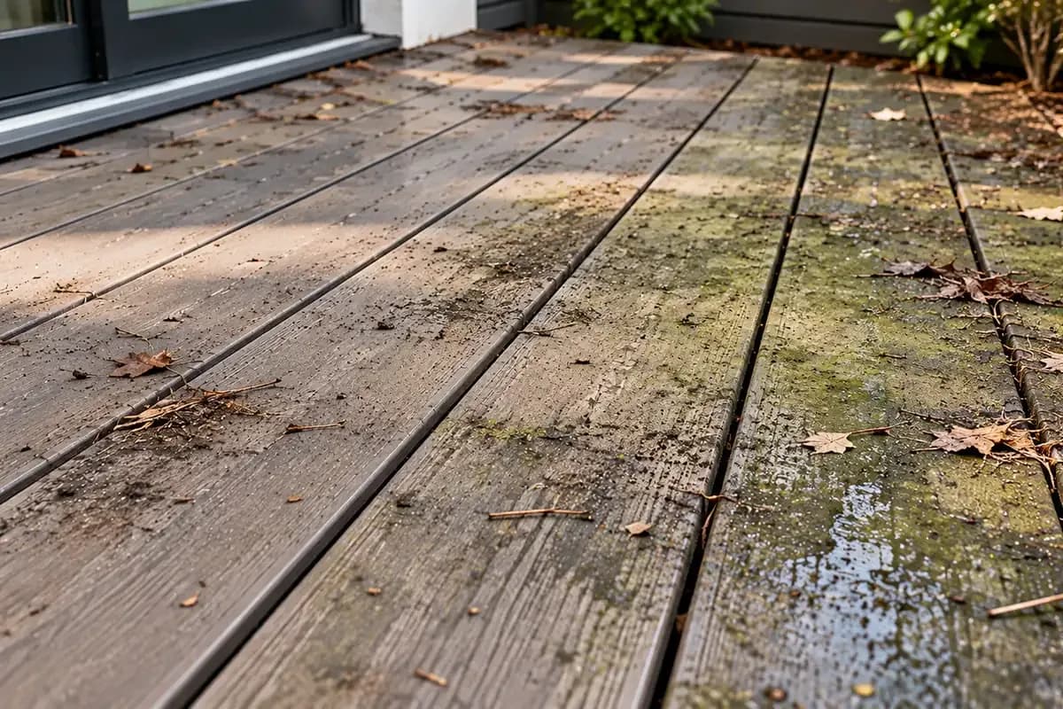 Composite deck boards beside patio doors with patches of green algae, fallen leaves and scattered debris