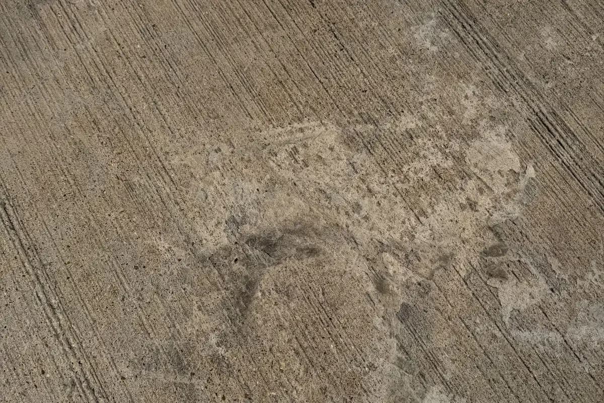 Coarse brushed concrete with dark curved scuffs within a pale, worn area, beside a joint and small repair